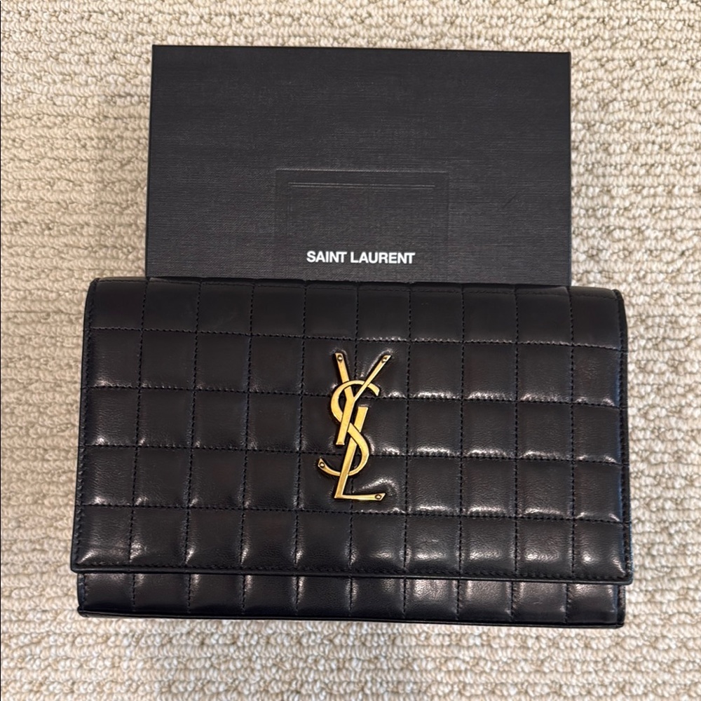Black Quilted Leather Wallet with Gold Logo